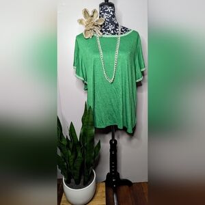 Max Studio Green Blouse w/ stitch detail on neckline and sleeve.